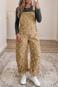 Light French Beige Polka Dot Print Bib Pocket Denim Barrel Overalls Jumpsuit SALE
