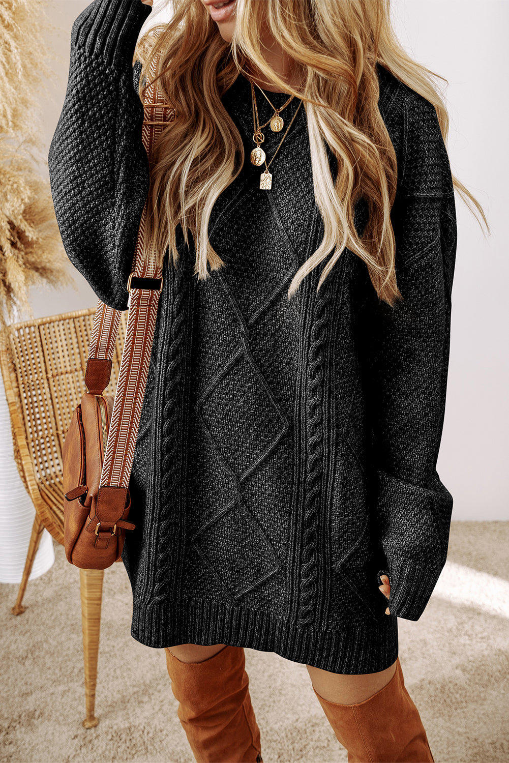 Black Cable Knit Drop Shoulder Loose Fit Sweater Dress PLUS AVAILABLE SALE