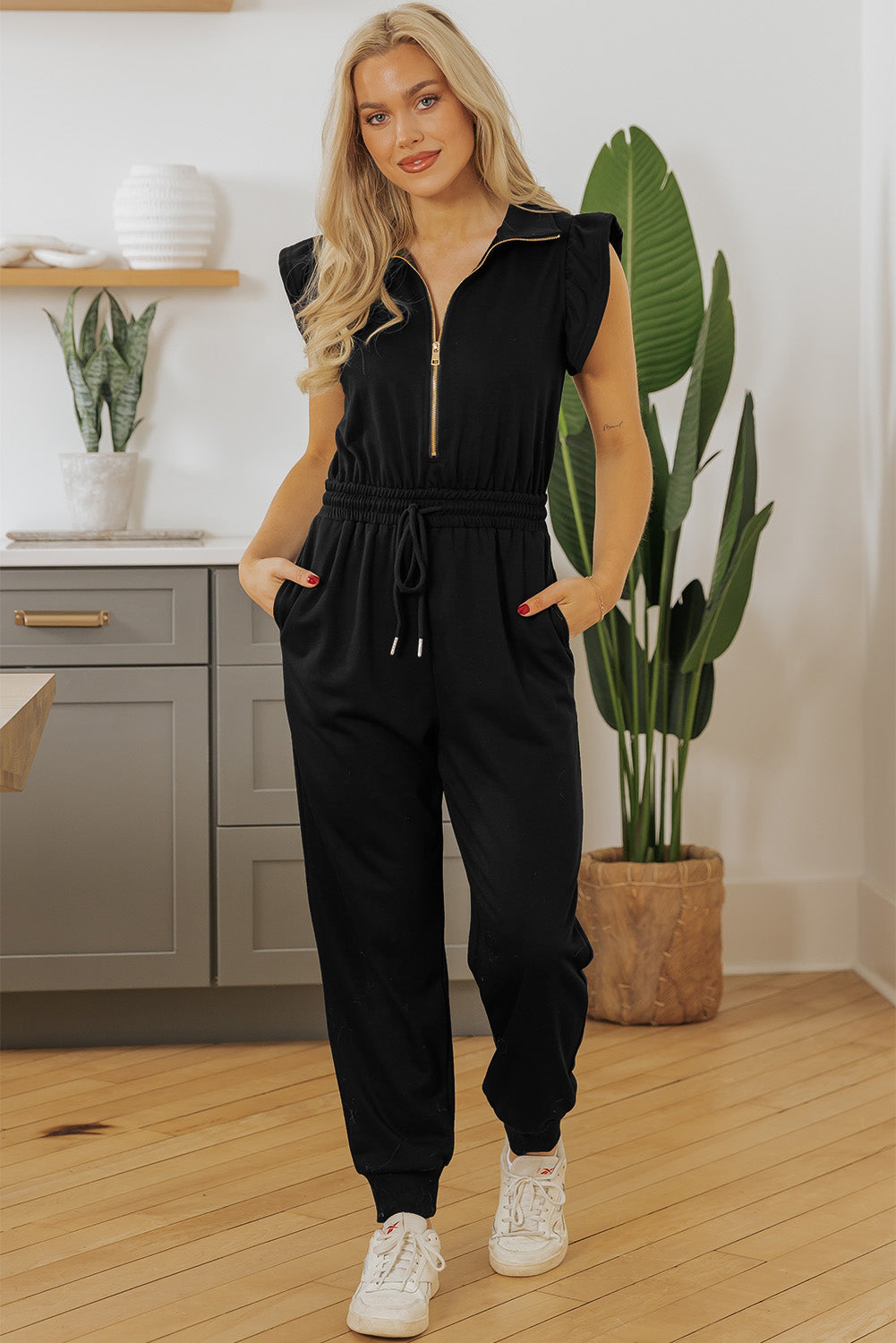 Black Zipper Flutter Sleeve Drawstring Elastic Waistband Jumpsuit SALE