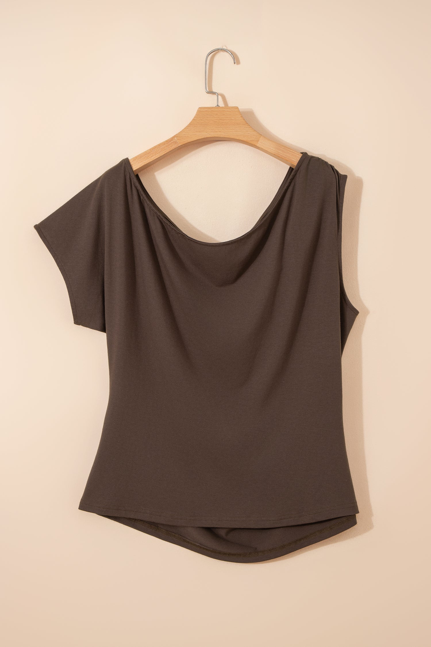 Coffee Plus Size Solid Color Asymmetric Neck Short Sleeve Blouse PLUS AVAILABLE