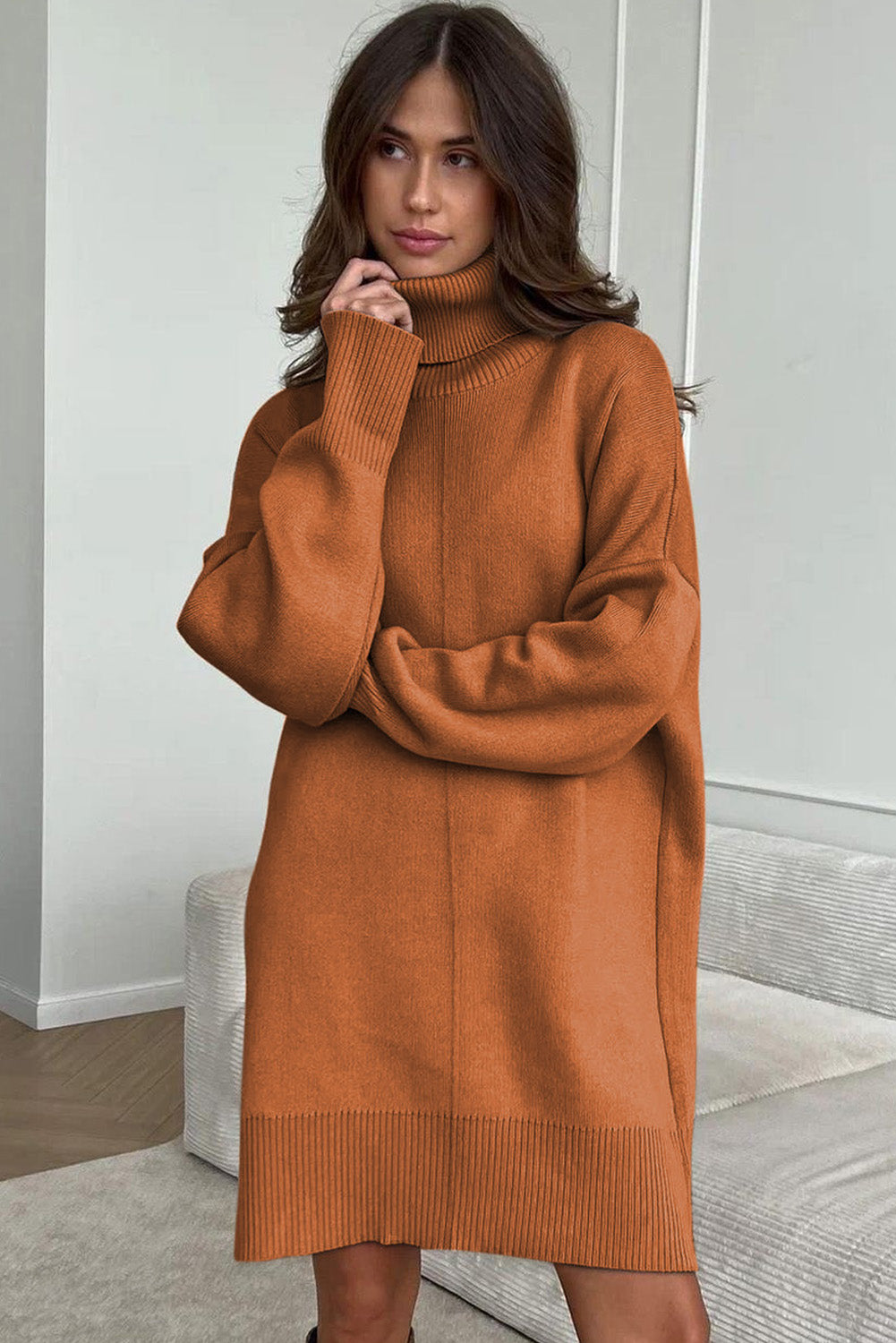 Gold Flame Solid Color Turtleneck Drop Shoulder Loose Sweater Dress PLUS AVAILABLE SALE