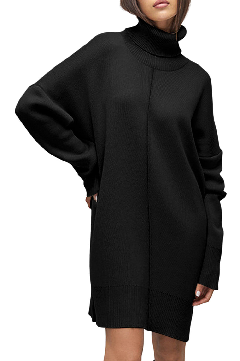 Black Solid Color Turtleneck Drop Shoulder Loose Sweater Dress PLUS AVAILIBLE SALE