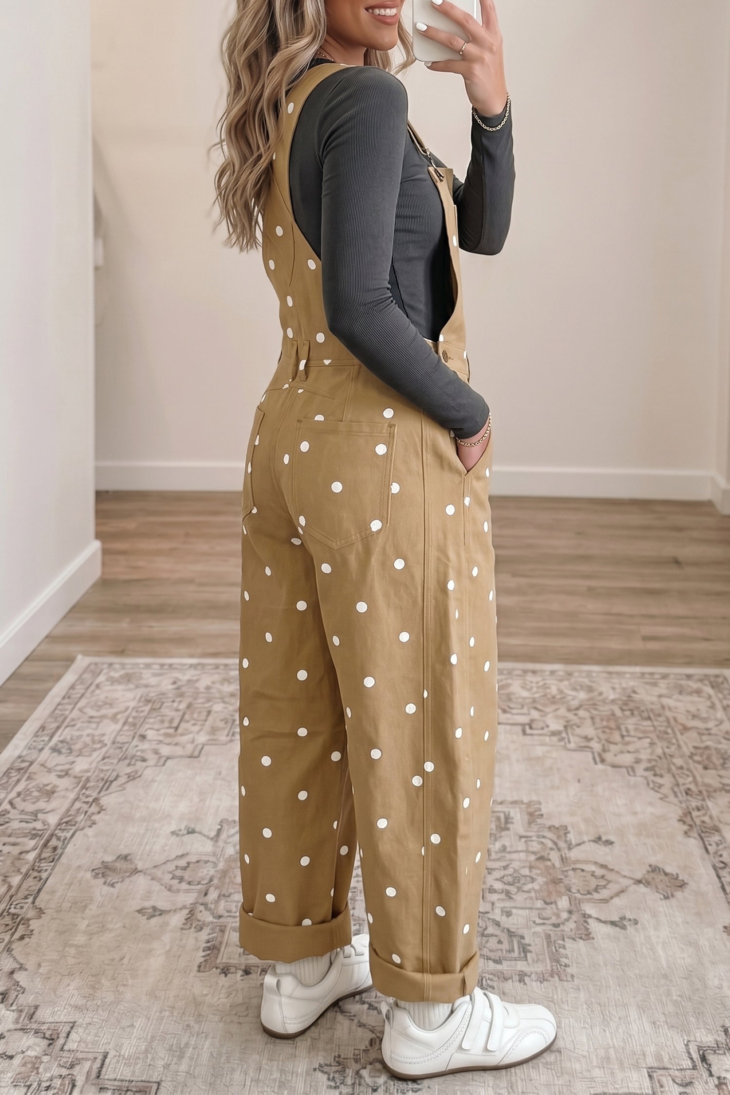 Light French Beige Polka Dot Print Bib Pocket Denim Barrel Overalls Jumpsuit SALE