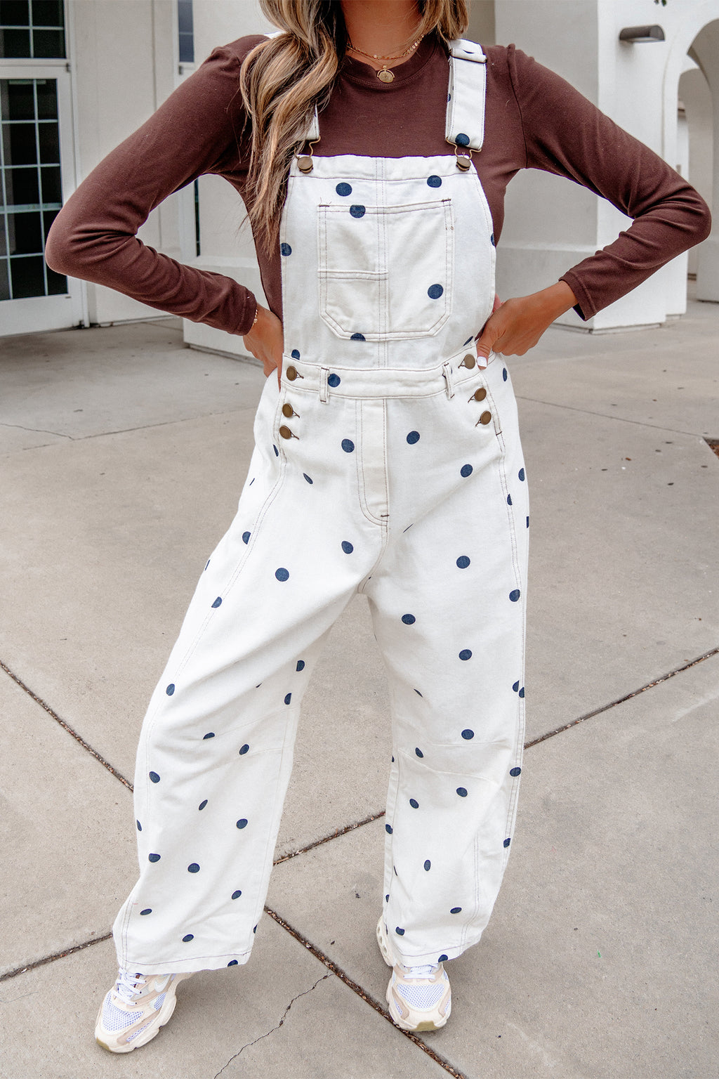 Light French Beige Polka Dot Print Bib Pocket Denim Barrel Overalls Jumpsuit SALE