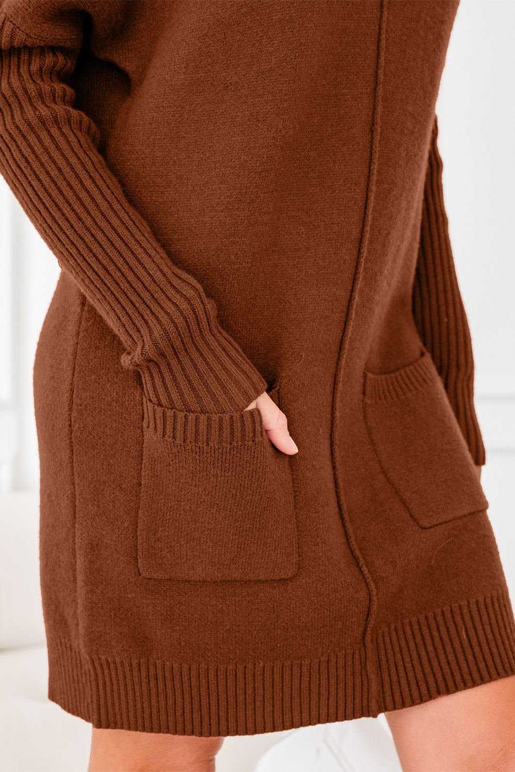 Chestnut Ribbed High Neck Front Pockets Center Seam Shift Sweater Dress SALE