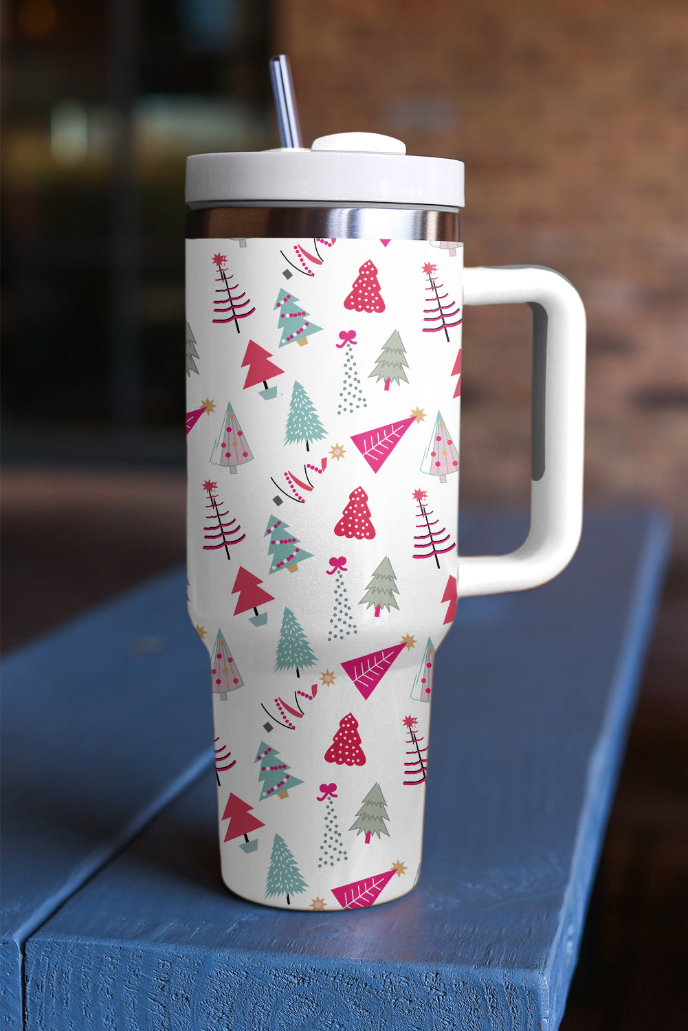 SALE White Cartoon Christmas Tree Printed Thermos Cup 40oz