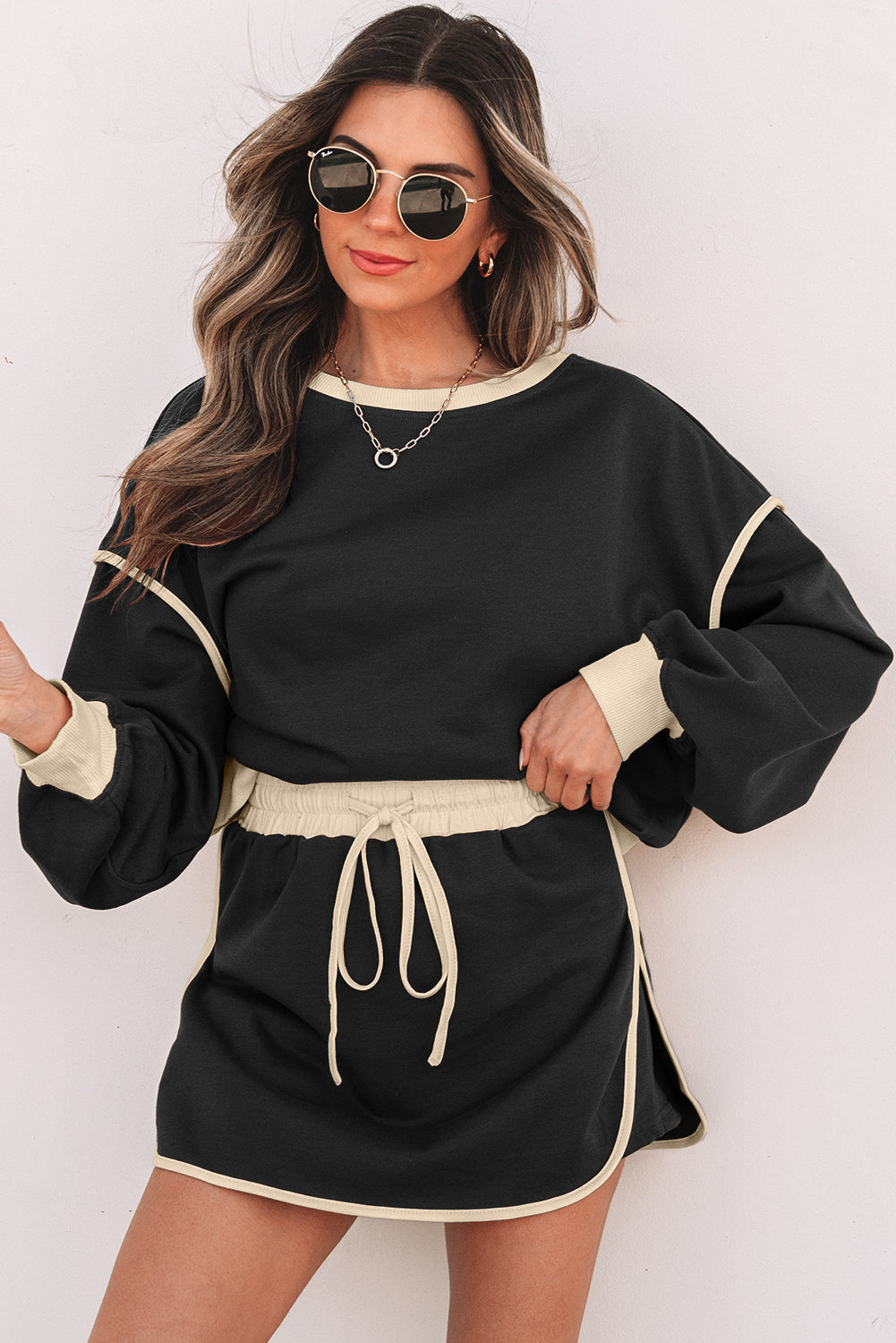 Black Color Contrast Loose Pullover and Lace-up Waist Skort Set PLUS AVAILABLE