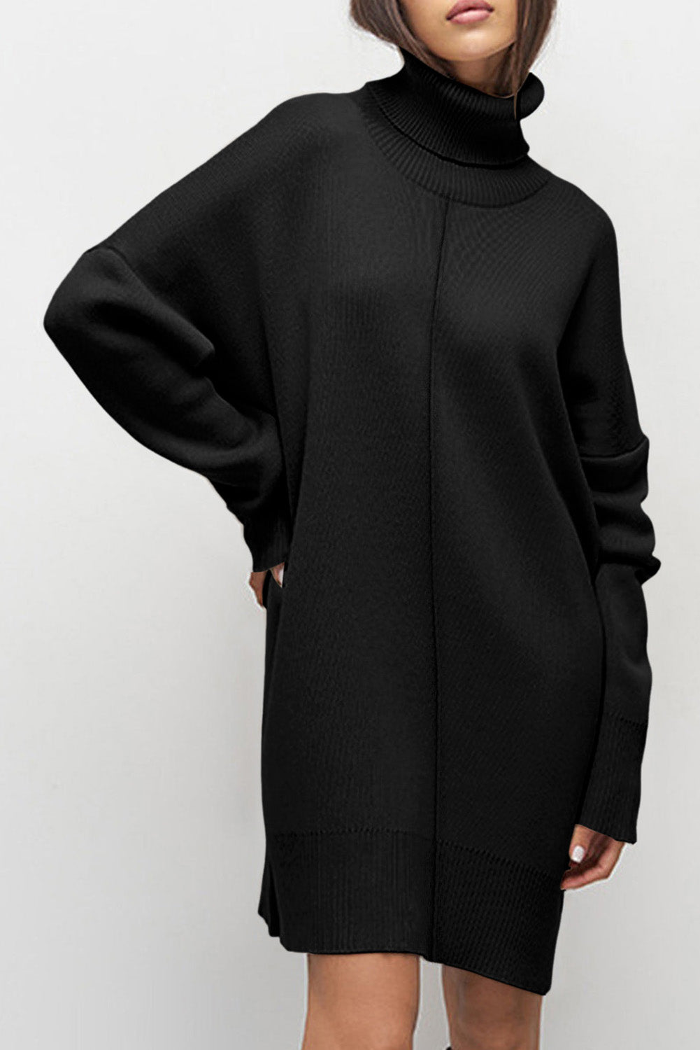 Black Solid Color Turtleneck Drop Shoulder Loose Sweater Dress PLUS AVAILIBLE SALE