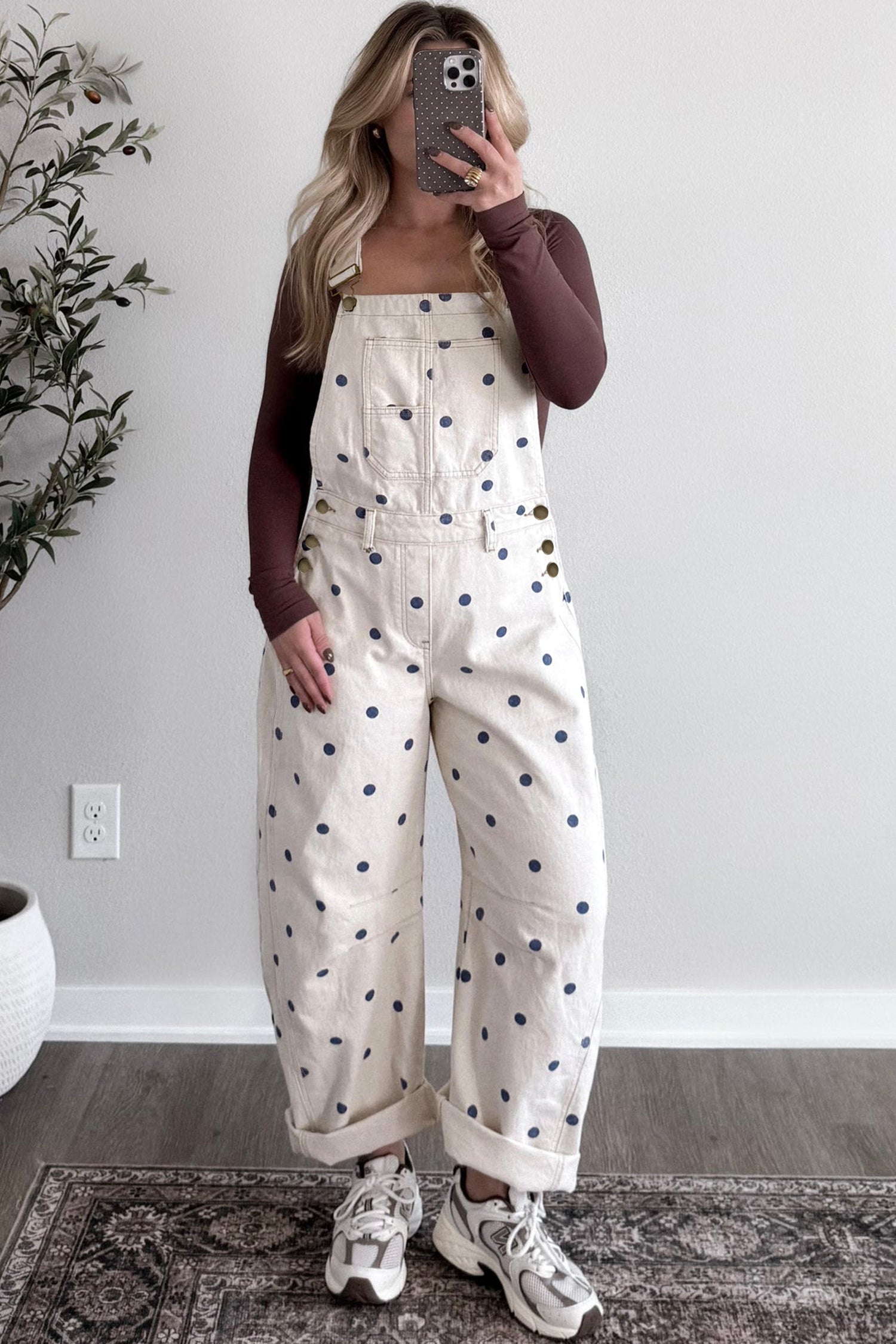 Light French Beige Polka Dot Print Bib Pocket Denim Barrel Overalls Jumpsuit SALE