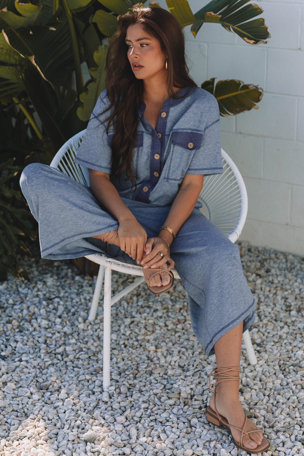 Beau Blue Half Placket Chest Pockets Short Sleeve Wide Leg Jumpsuit SALE