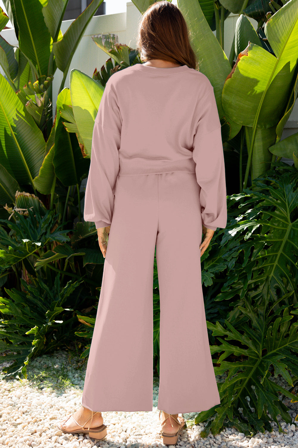 Yellow Cream Drop Shoulder Puff Sleeve Crop Pullover Drawstring Wide Leg Pants Set
