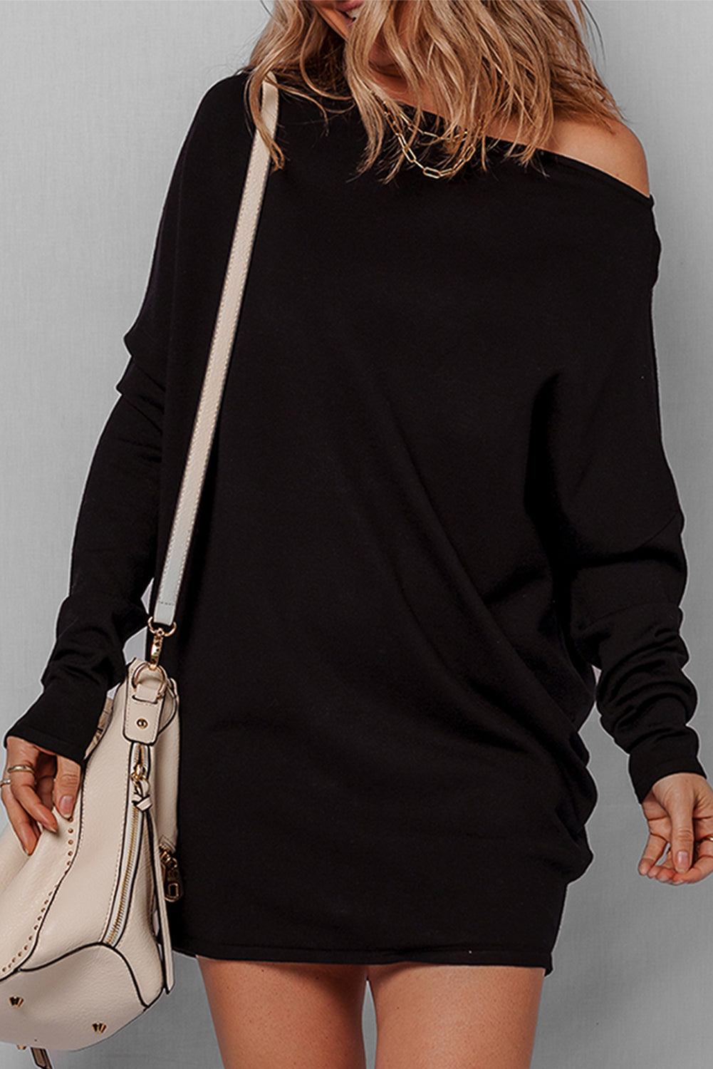 Black Asymmetric Neck Batwing Sleeve Shift Mini Sweater Dress SALE