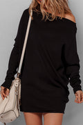 Black Asymmetric Neck Batwing Sleeve Shift Mini Sweater Dress SALE