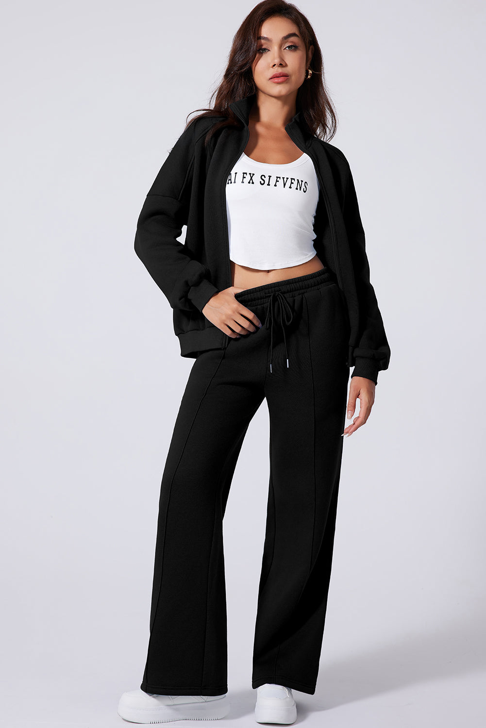 Black Drop Shoulder Zip Up Jacket Drawstring Pants Active 2pcs Set PLUS AVAILIBLE SALE