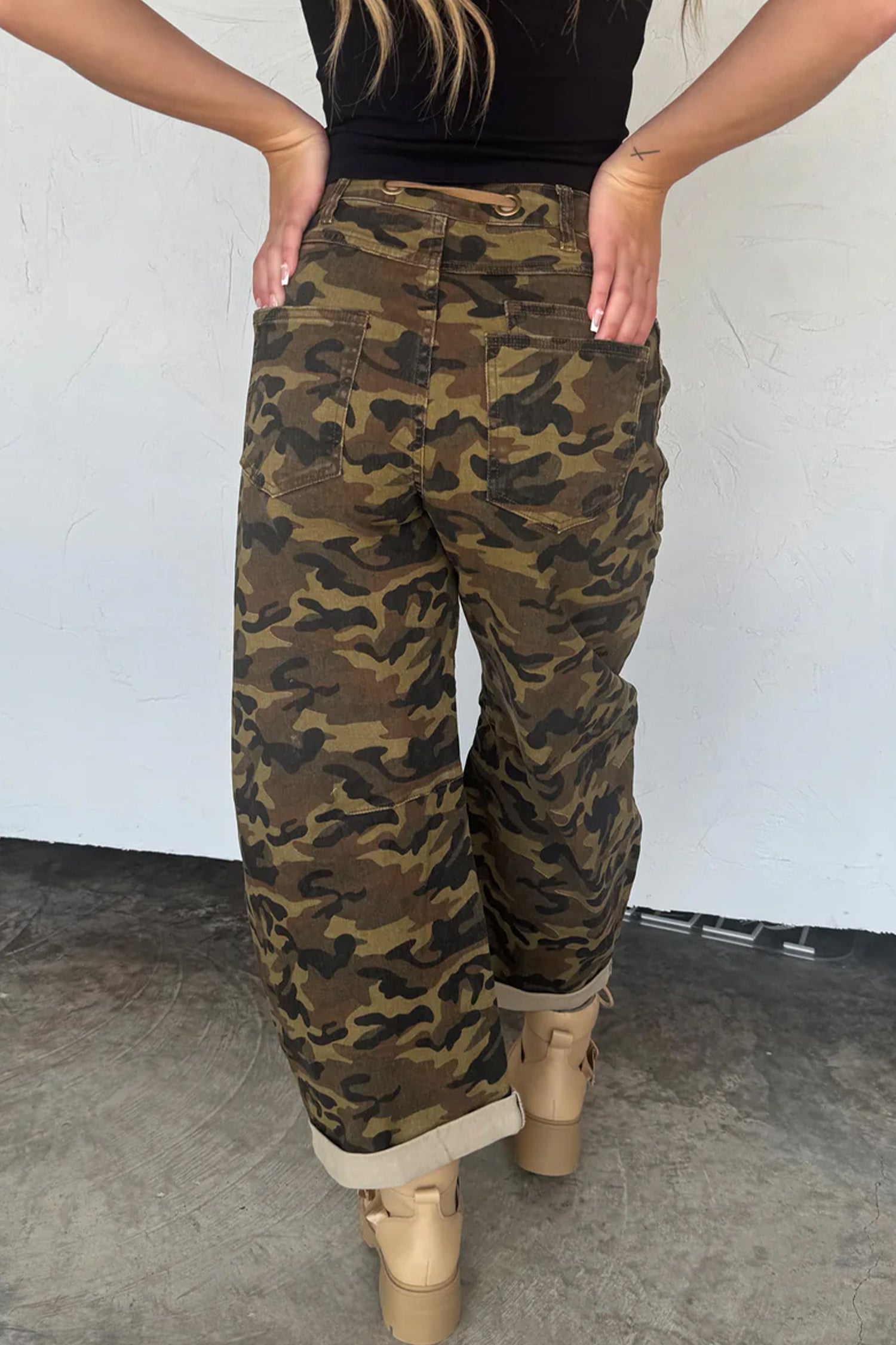Multicolour Camouflage Print Retro Grommet Tie Waist Loose Jeans SALE