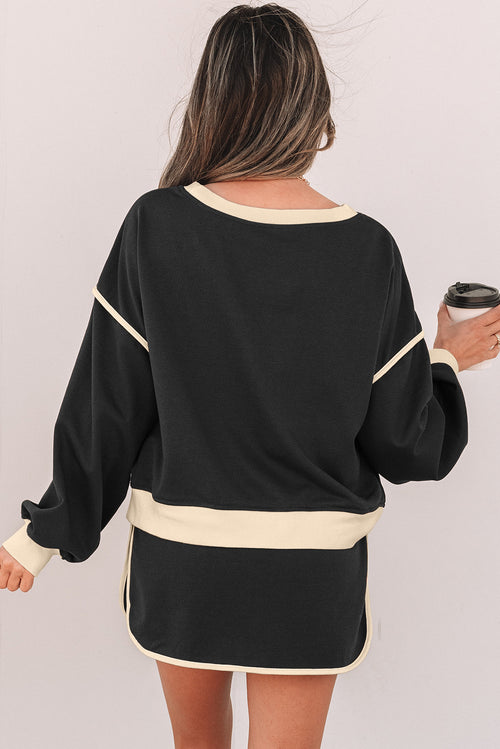 Black Color Contrast Loose Pullover and Lace-up Waist Skort Set PLUS AVAILABLE