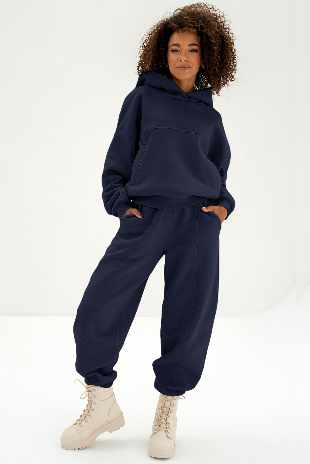 Navy Blue Solid Exposed Seams Hoodie and Joggers Activewear Set PLUS AVAILIBLE