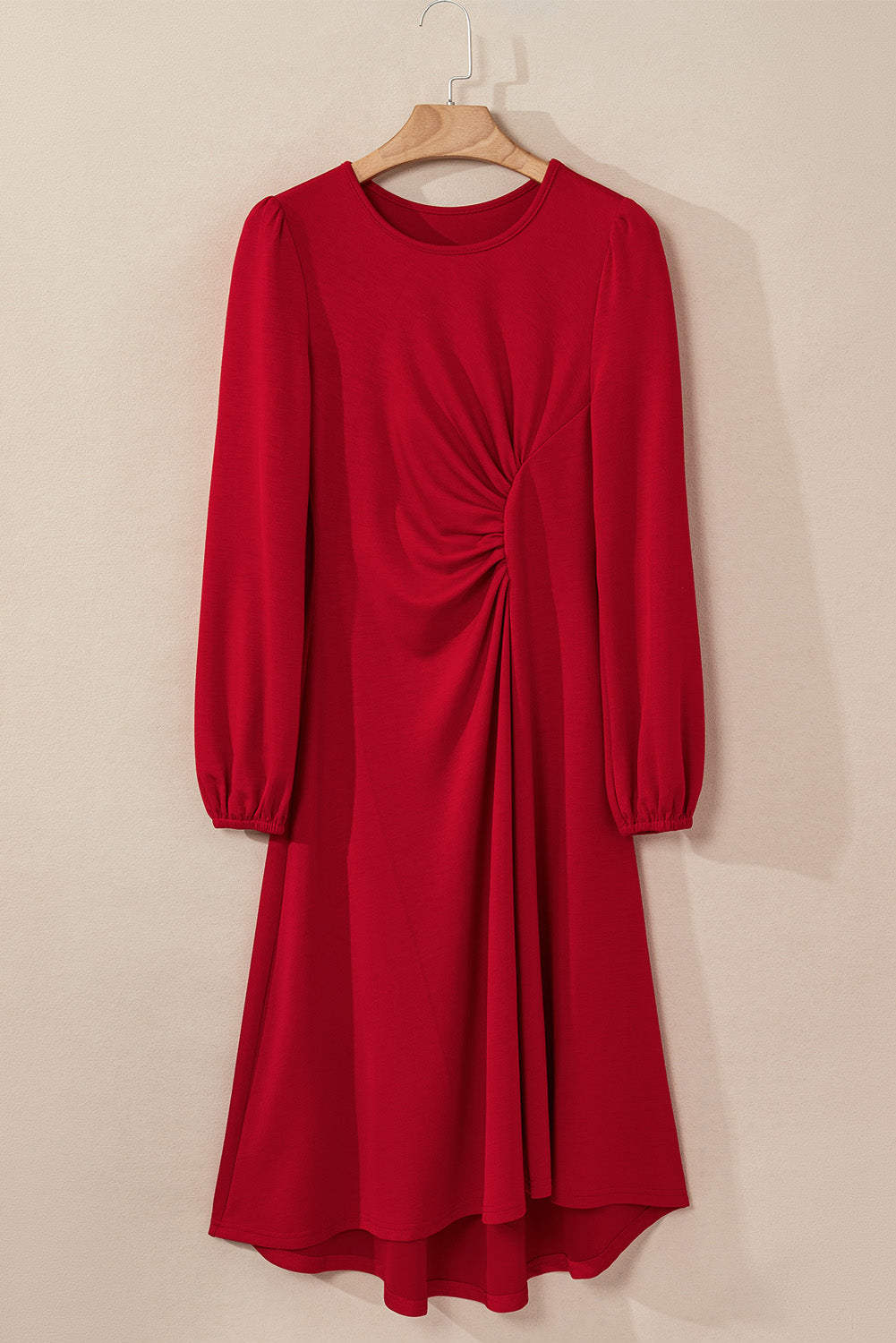 SALE Fiery Red Solid Color Ruched Detail Long Sleeve Midi Dress PLUS AVAILABLE