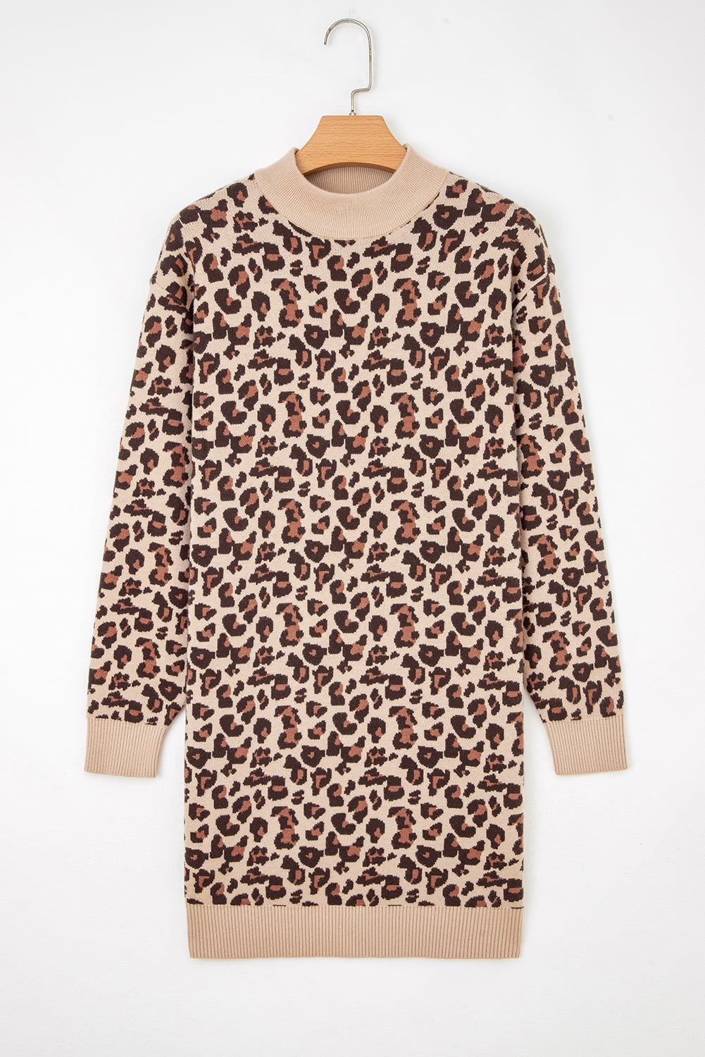 Khaki Leopard Print High Neck Shift Mini Sweater Dress SALE